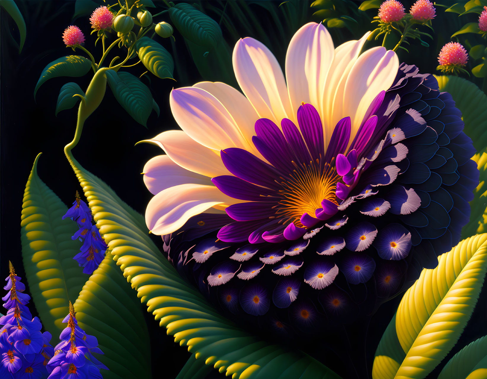 Detailed Purple and White Flower in Lush Digital Art Piece