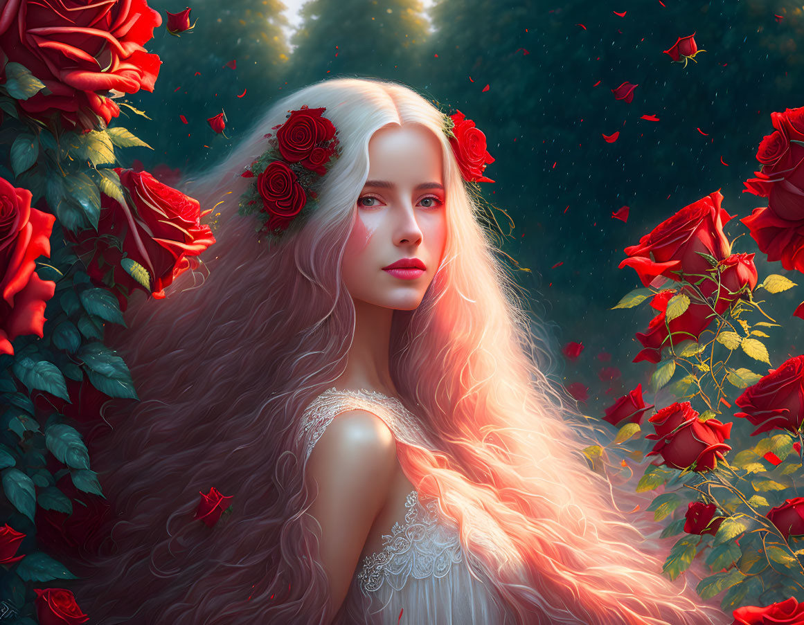 Woman with Red Roses in Mystical Forest: Flowing Hair and Petals