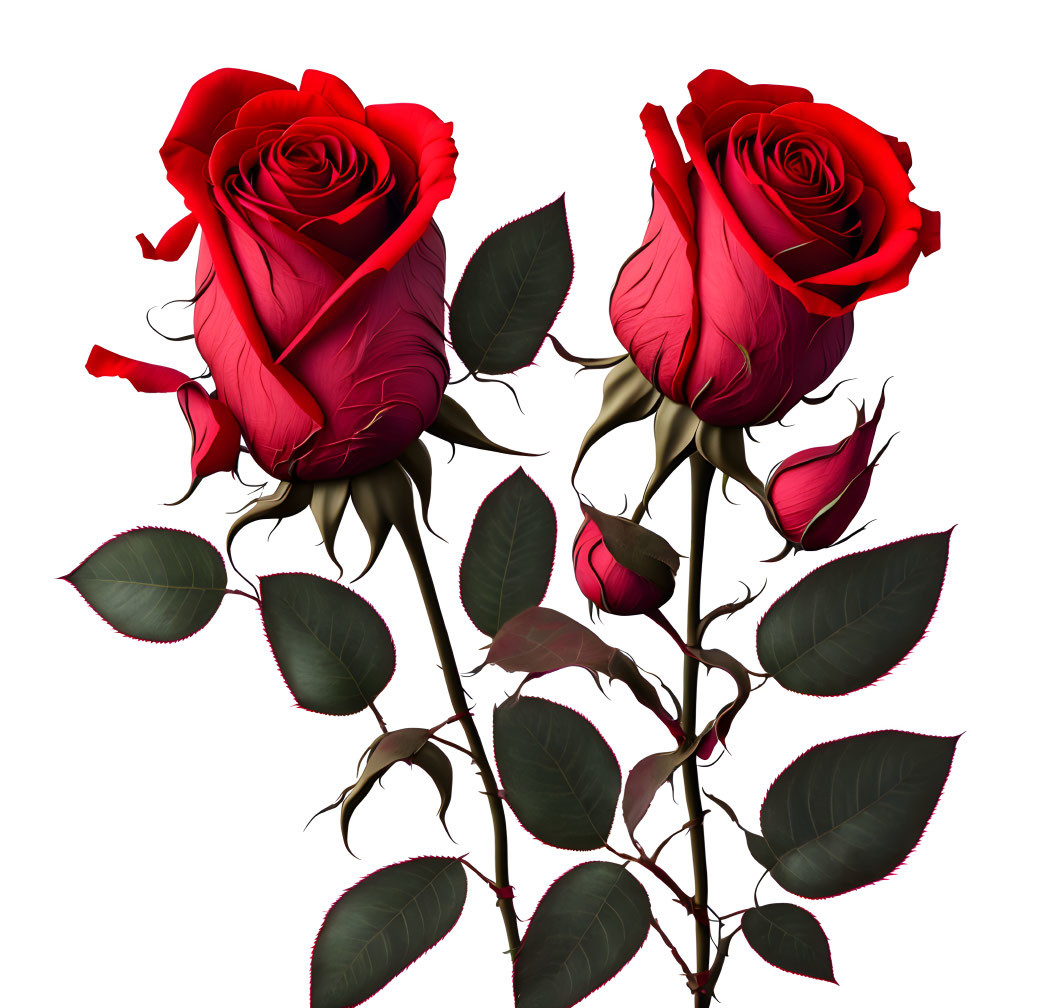 Vibrant red roses with green leaves and thorns on white backdrop