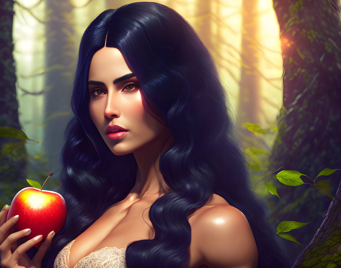 Digital Artwork: Woman with Dark Hair Holding Red Apple in Mystical Forest