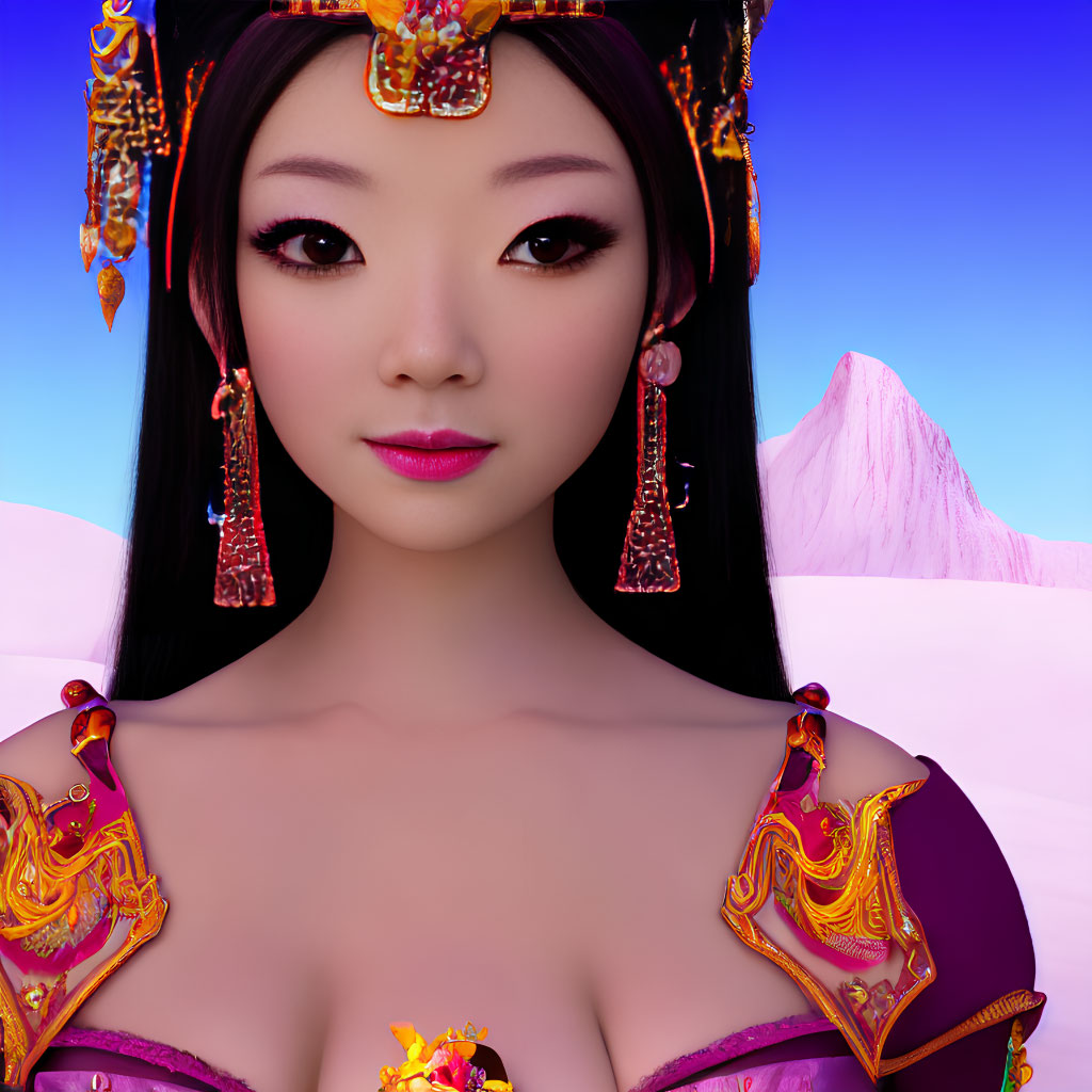 Asian woman in ornate headdress and jewelry against snowy mountain.