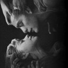 Grayscale image capturing intimate moment with four faces showing deep connection.