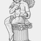 Classical sculpture of smiling angel with wings holding small bird