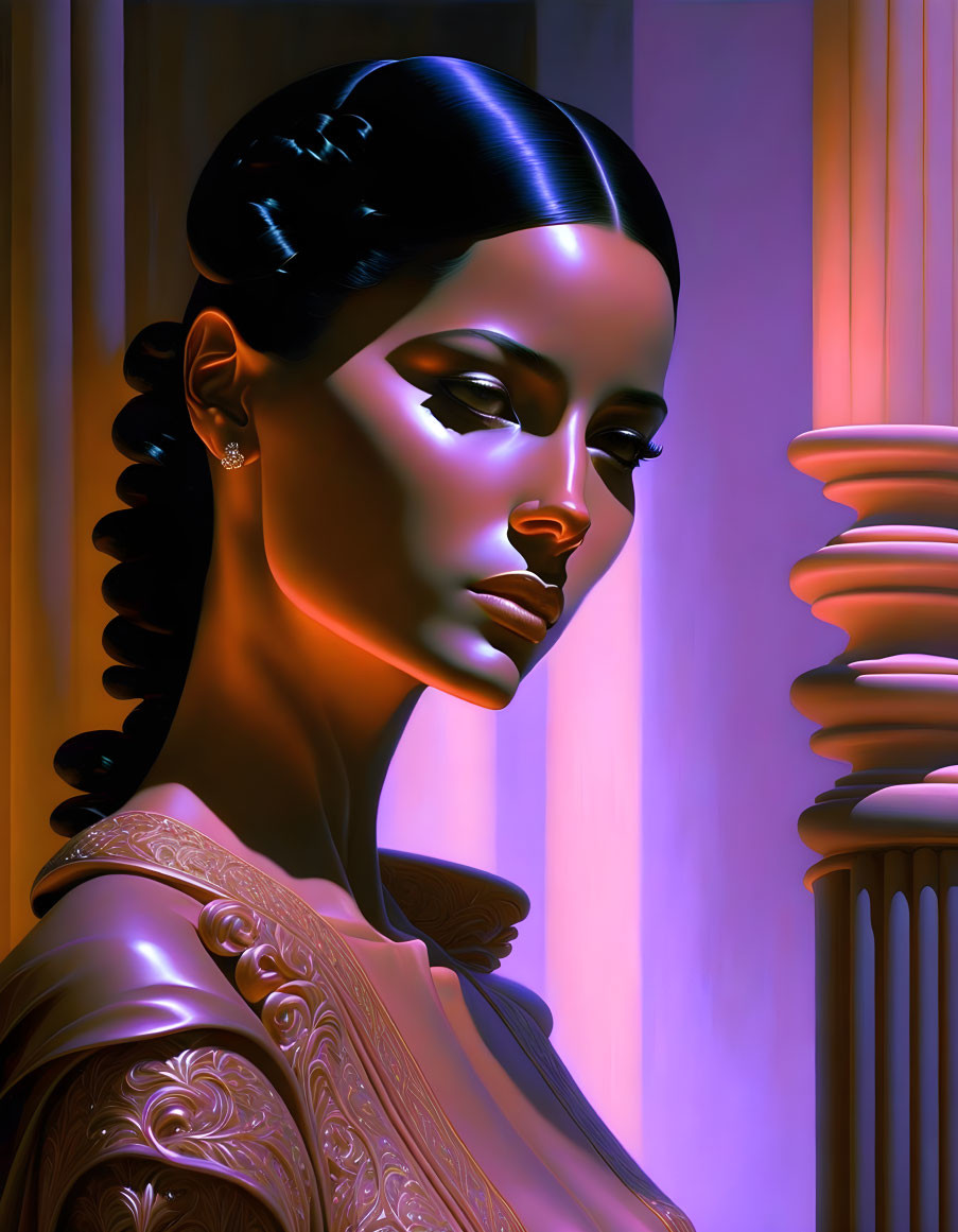 Profile view portrait of a woman with elegant hair against neoclassical column, bathed in purple