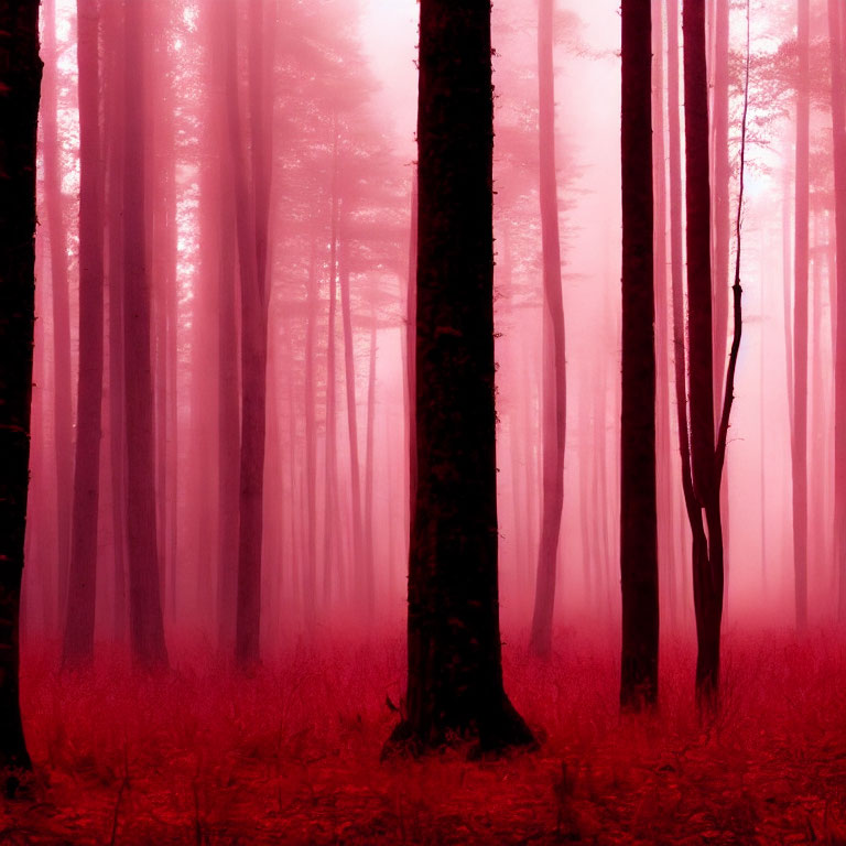 Misty pink forest with tall trees in ethereal ambiance