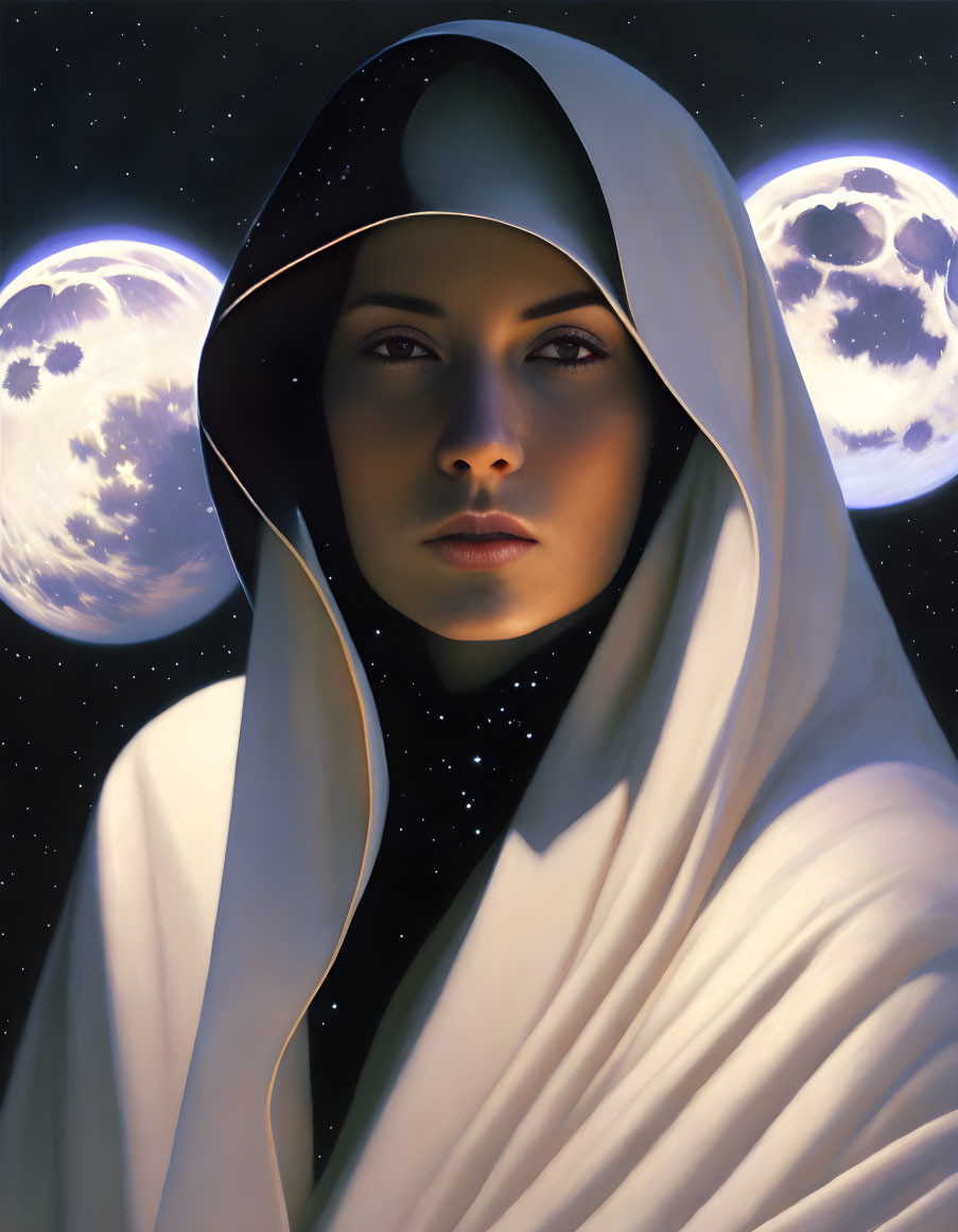 Woman in white hooded cloak under three moons and starry sky