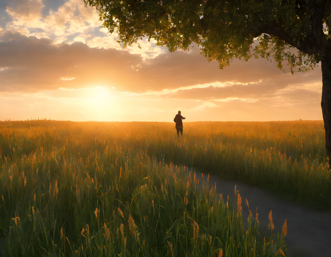 Person standing under tree in lush field at sunset with sunbeams and warm glow.