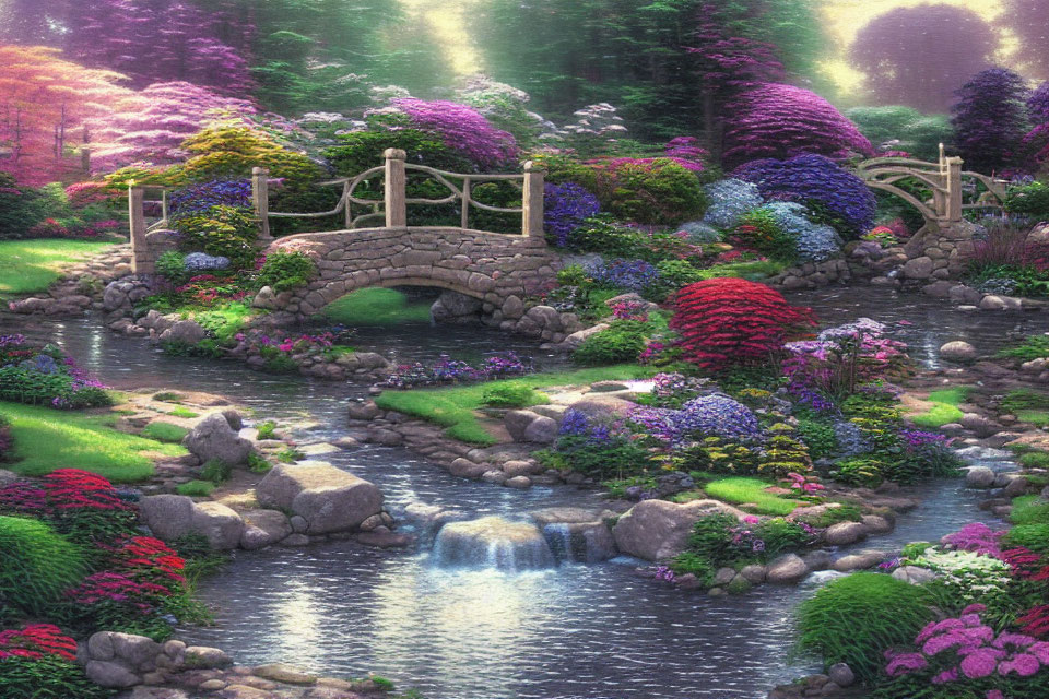 Tranquil garden scene with stone bridge and vibrant flora