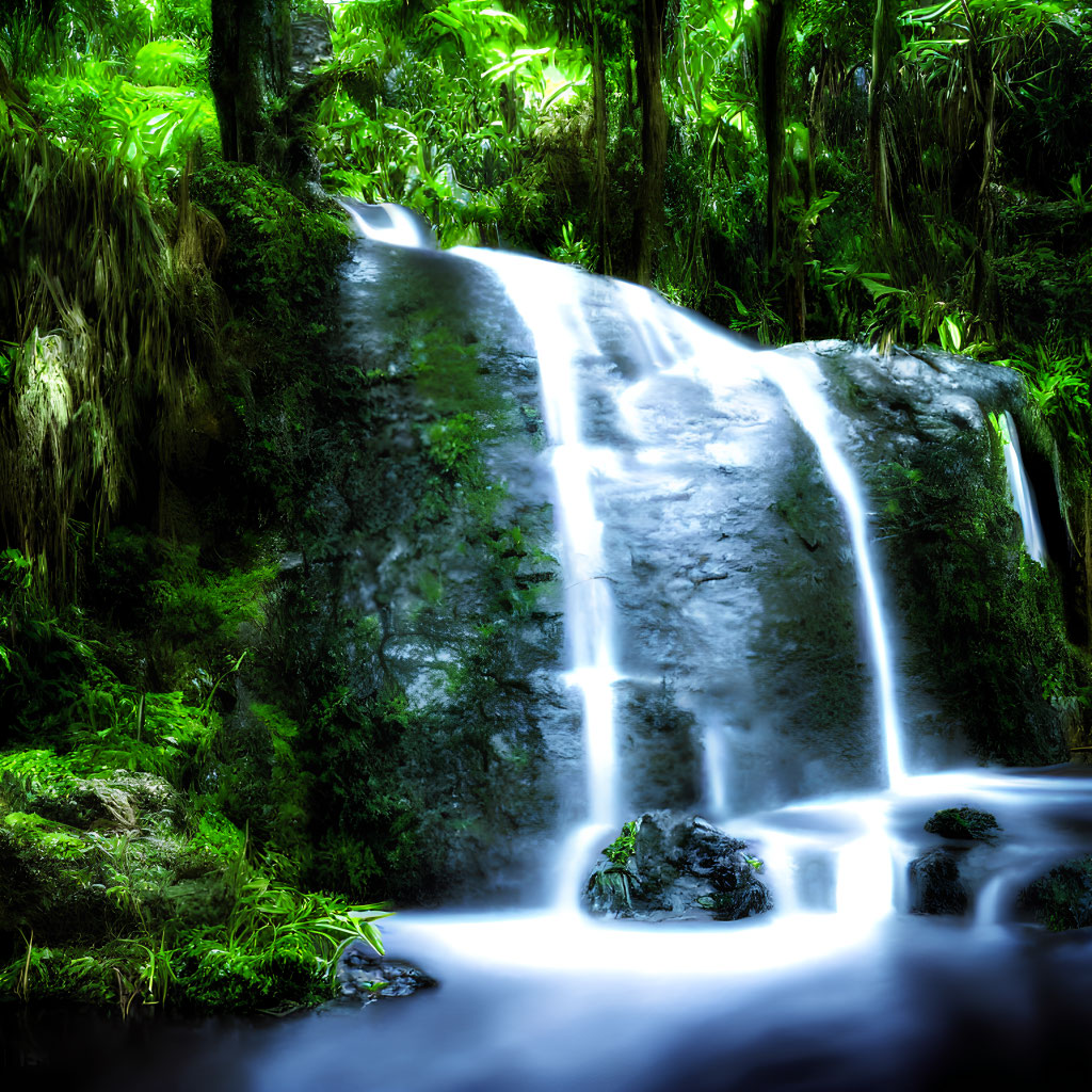 Tranquil waterfall amidst mossy rocks and lush forest foliage