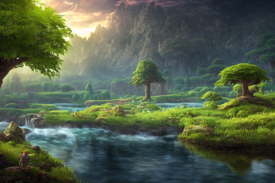 Tranquil landscape with river, greenery, person by water's edge