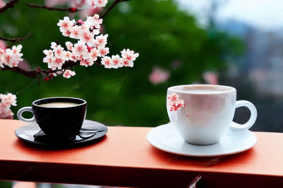 Coffee cups on balcony rail with cherry blossoms and urban backdrop