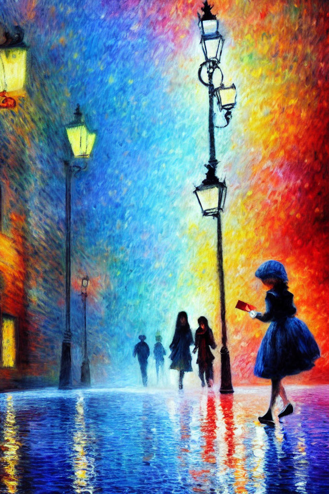 Rainy street scene painting with glowing lampposts and child in blue coat.