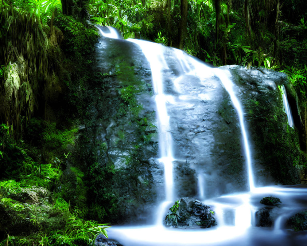 Tranquil waterfall amidst mossy rocks and lush forest foliage