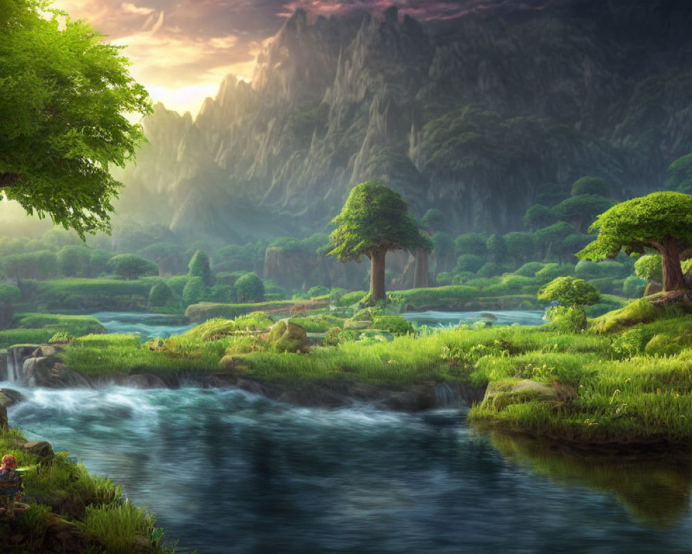 Tranquil landscape with river, greenery, person by water's edge