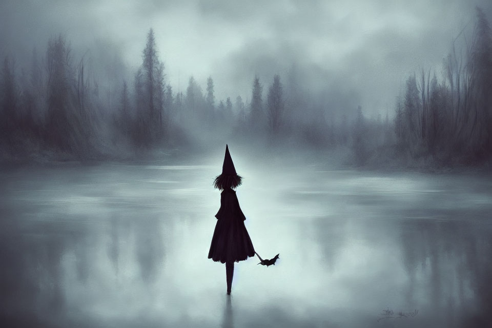 Mysterious figure in pointed hat on reflective water surface among foggy forest landscape