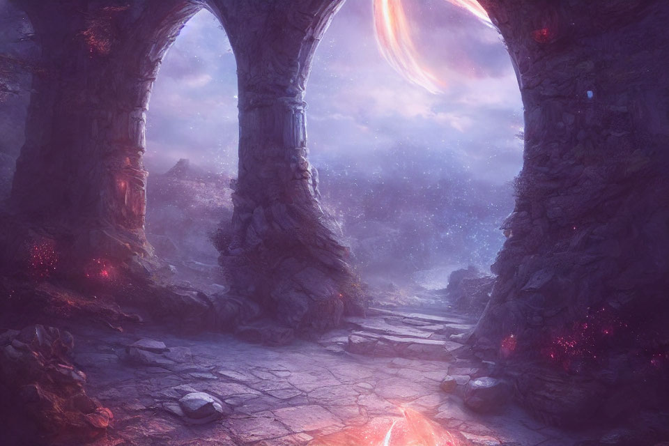 Mystical ruin with archways, glowing embers, and cosmic backdrop.