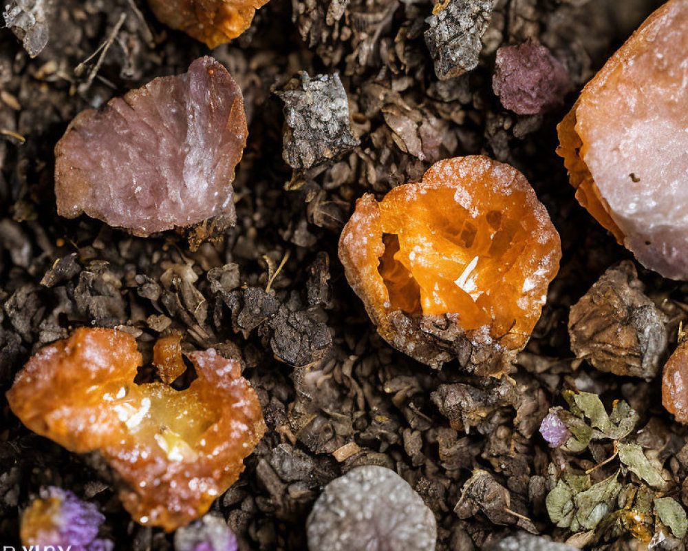 Orange crystal-like minerals in dark earth with vibrant color contrasts