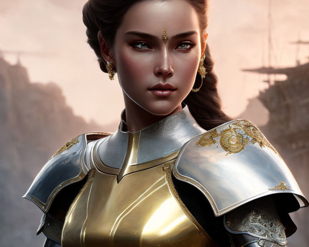 Digital artwork of woman in golden armor with brown hair & blue eyes