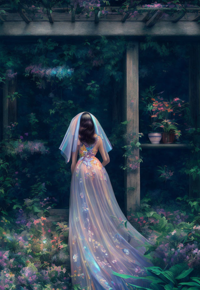 Bride in Sparkling Gown in Whimsical Garden Setting