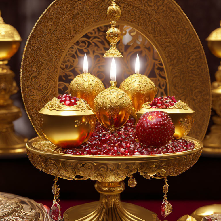 Golden ornate mirror with plate, lit candles, decorated eggs, red beads on luxurious backdrop