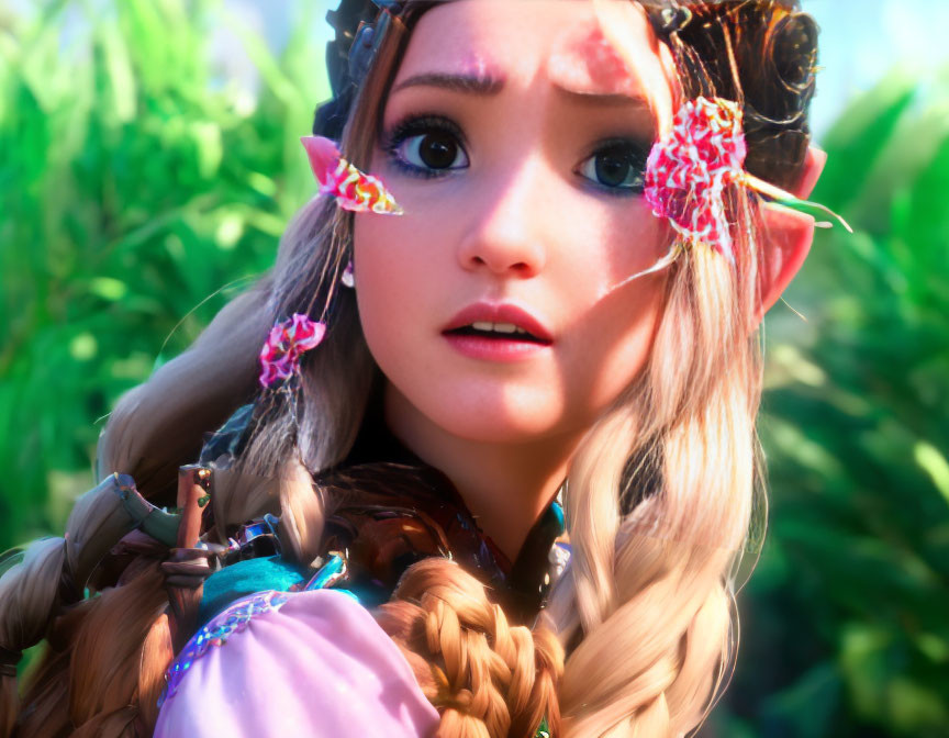 Close-up of animated female character with pointed ears and braided hair, adorned with butterflies, against lush