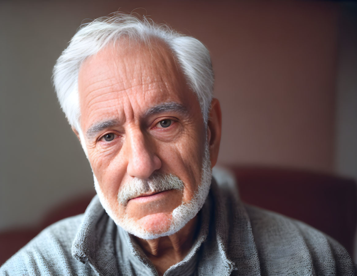 Elderly man with white beard and mustache in gray shirt portrait.