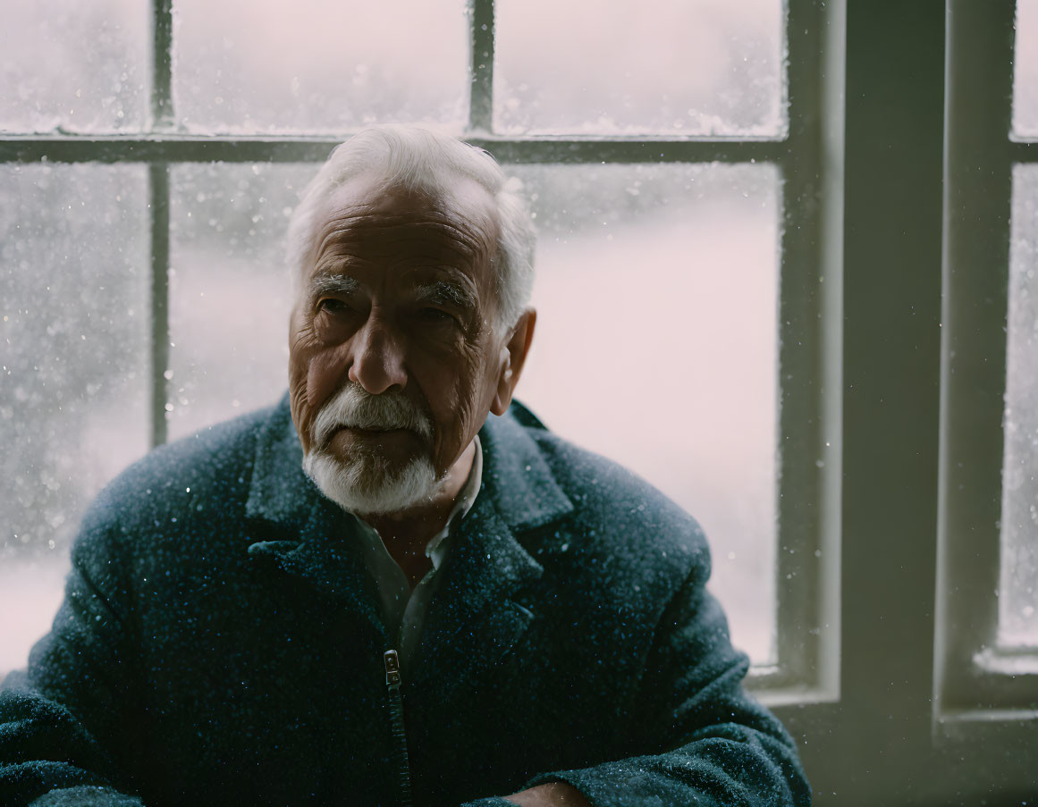 Elderly man with white beard in blue coat gazes out snowy window