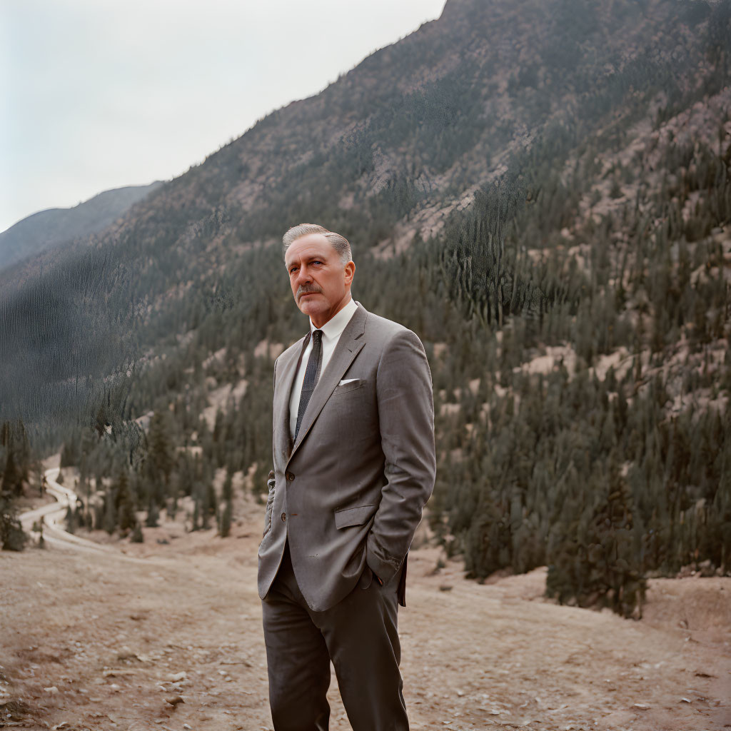 Confident man in gray suit with mountain backdrop