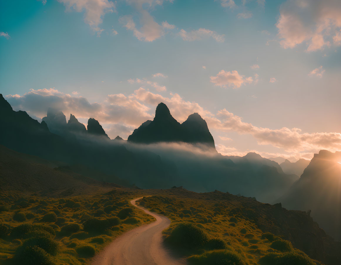 Winding Path Through Rugged Landscape to Misty Peaks