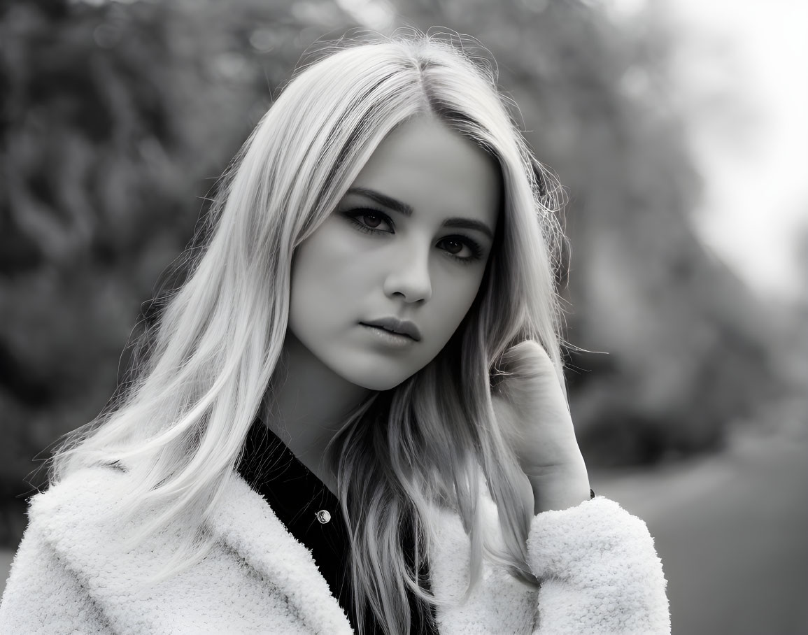 Monochrome portrait of young woman with long blonde hair gazes into distance.