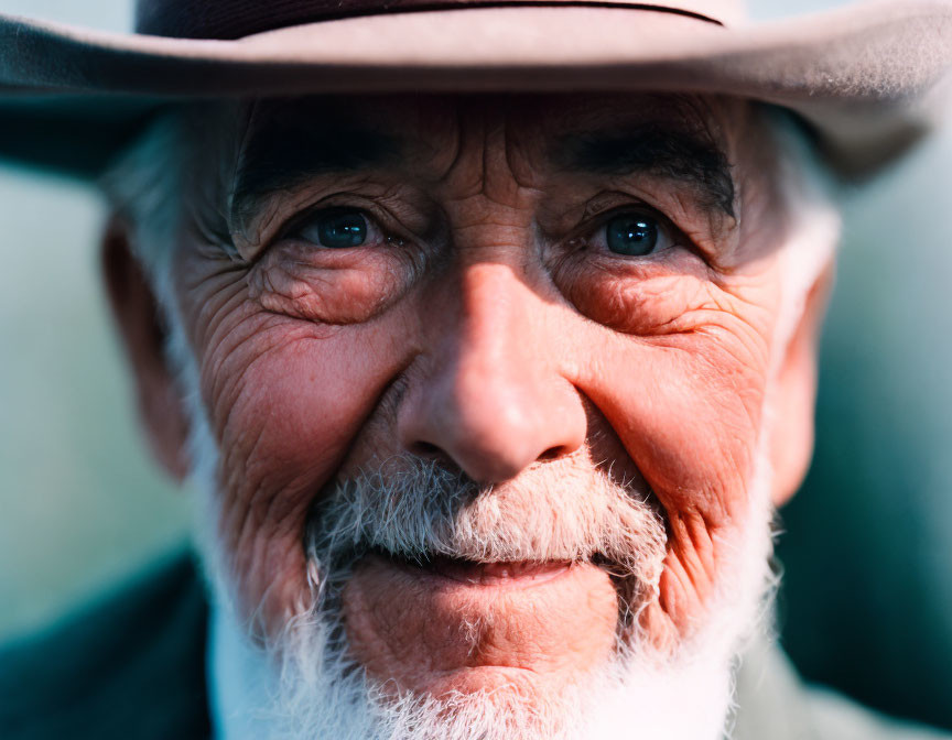 Elderly man with gray beard smiling, wearing hat on blue background