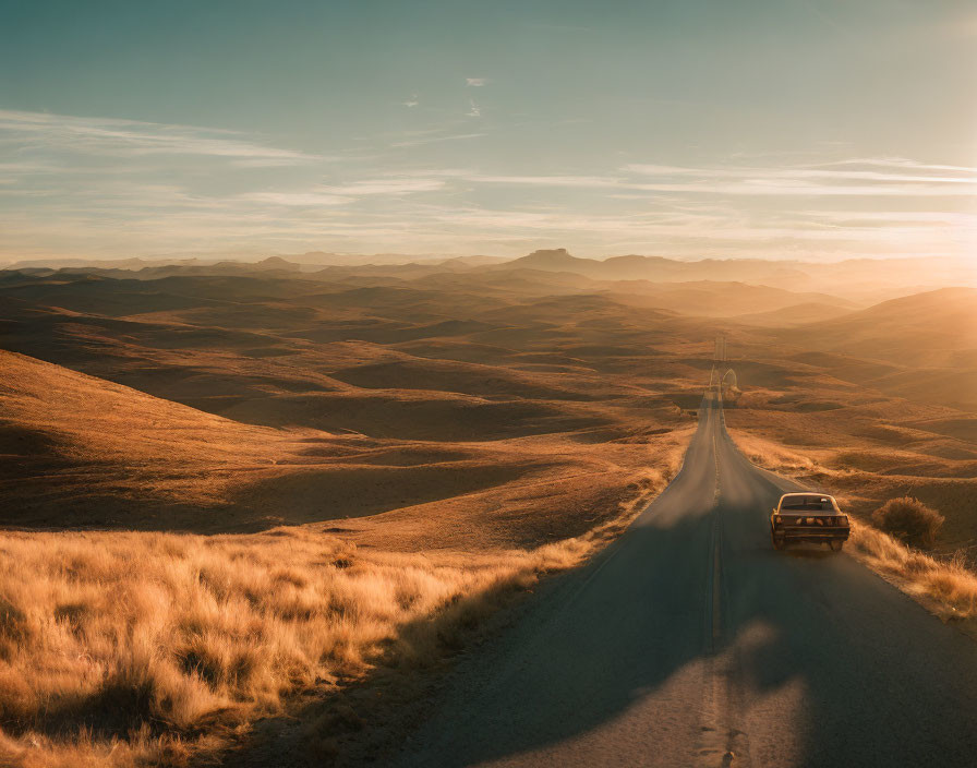 Vehicle drives through golden hilly landscape at sunrise or sunset