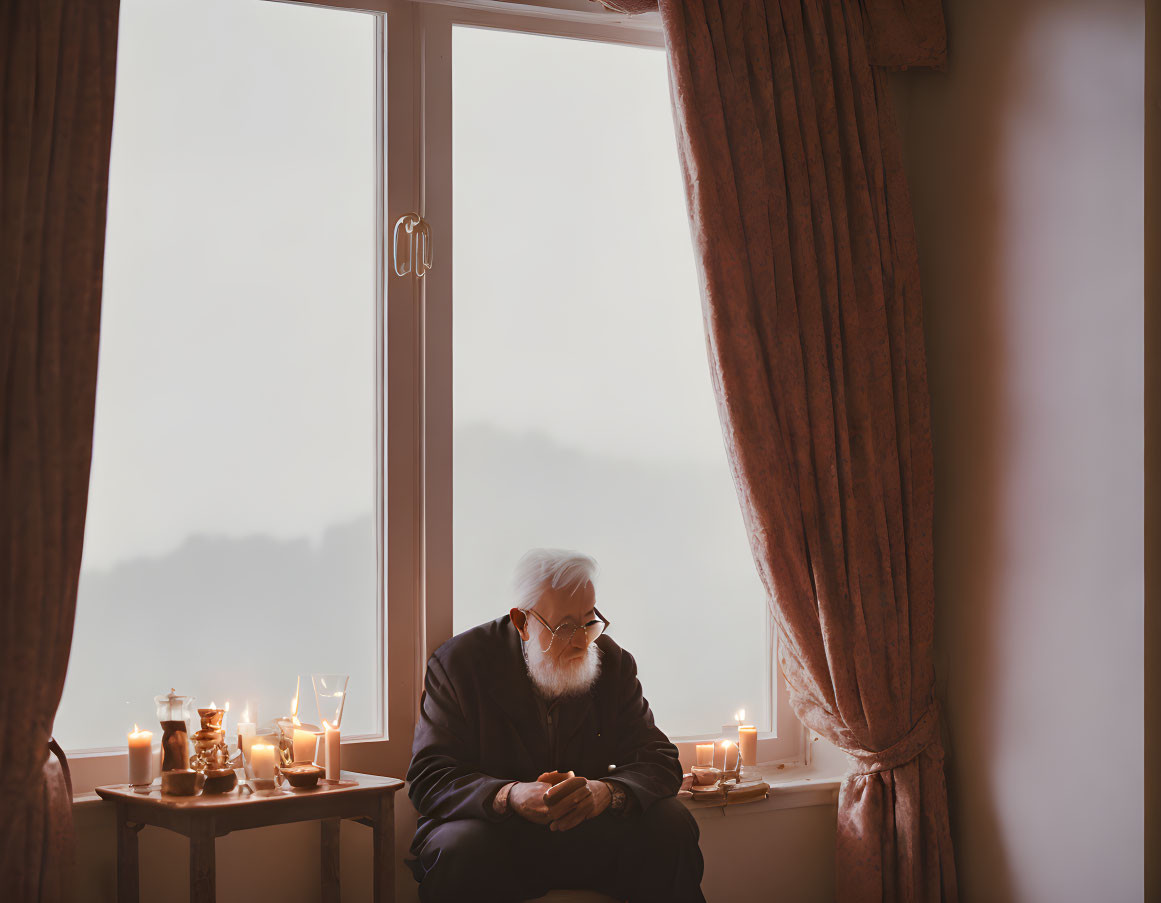 Elderly bearded man sitting by window with candles and misty landscape