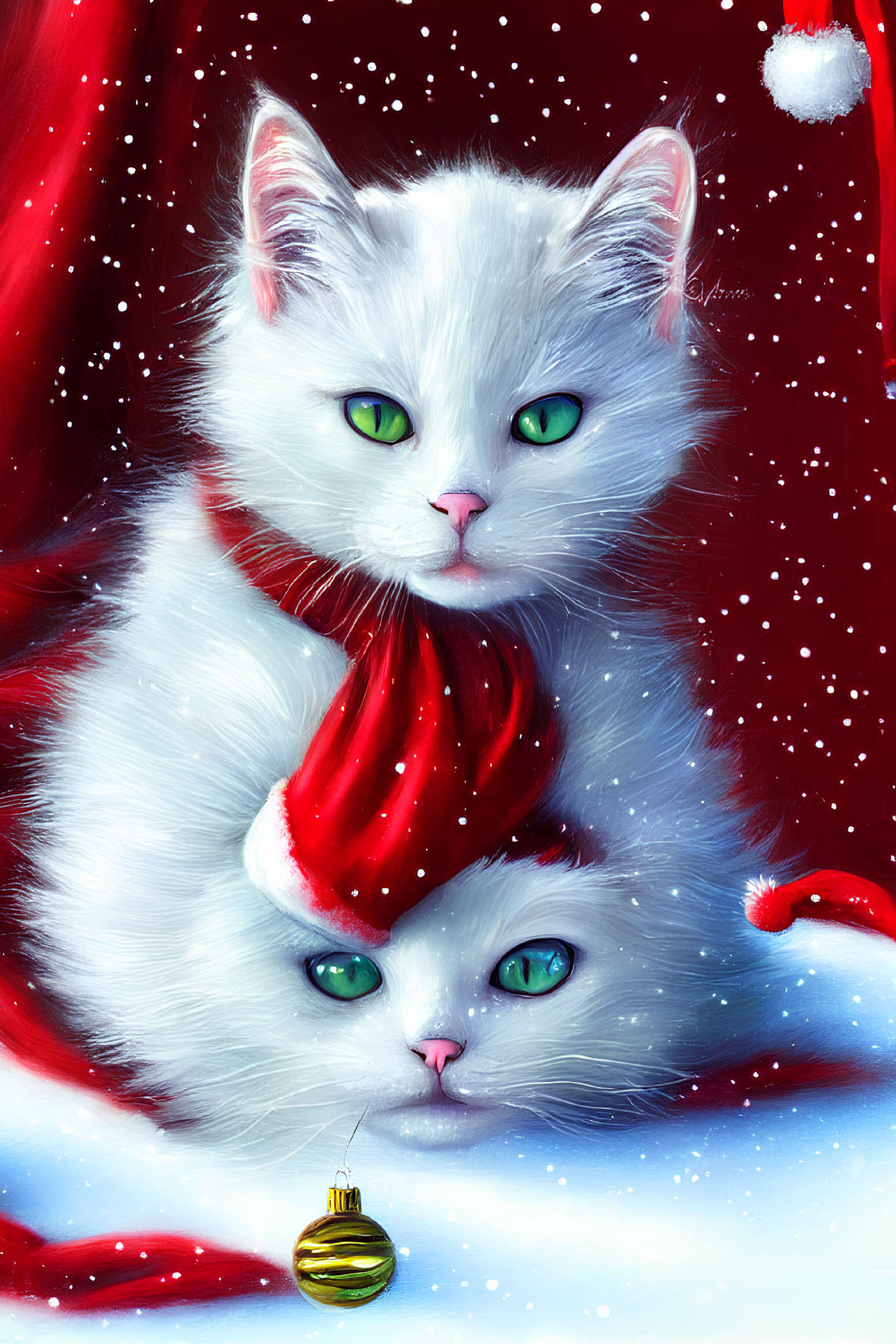 Two White Cats in Santa Hats on Snowy Red Background