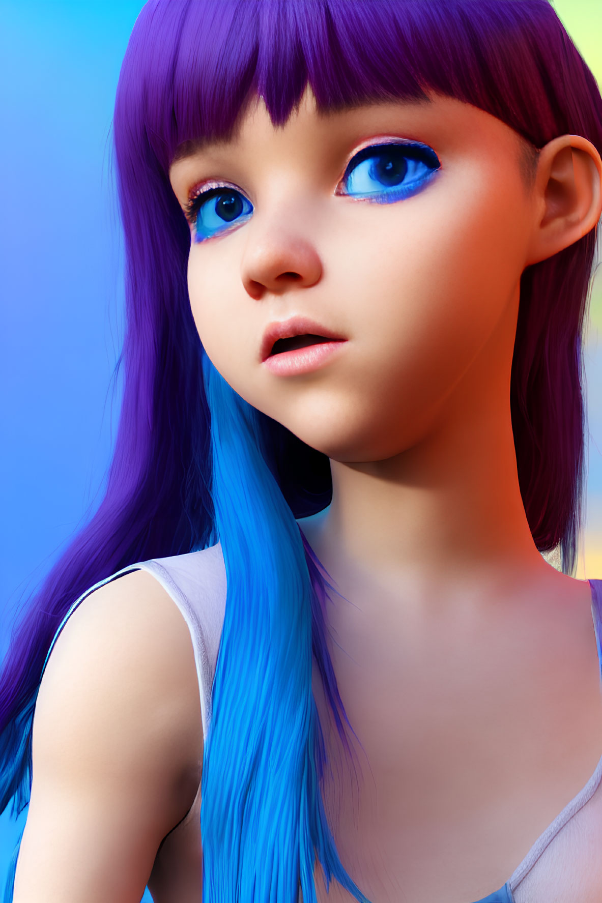 Vibrant blue and purple hair girl 3D illustration on blue background