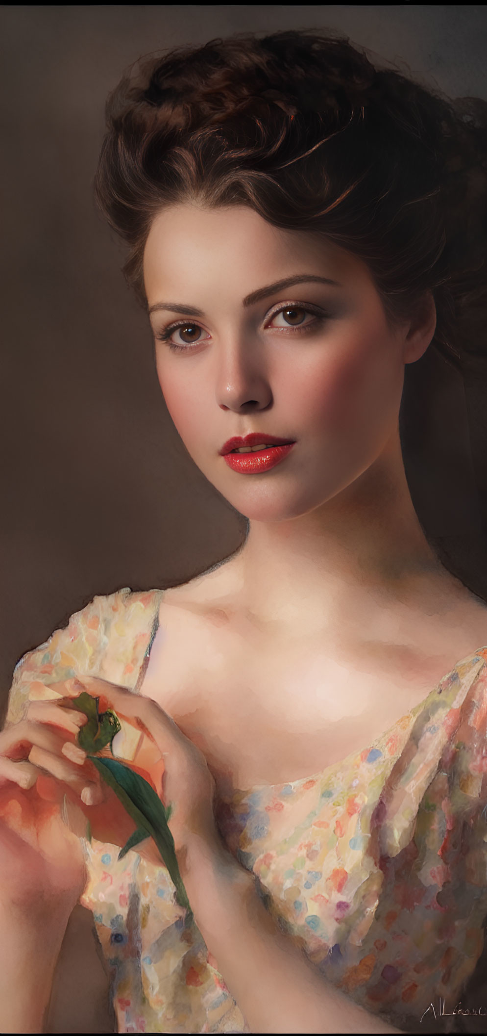 Digital painting of woman with elegant updo and floral dress holding flower