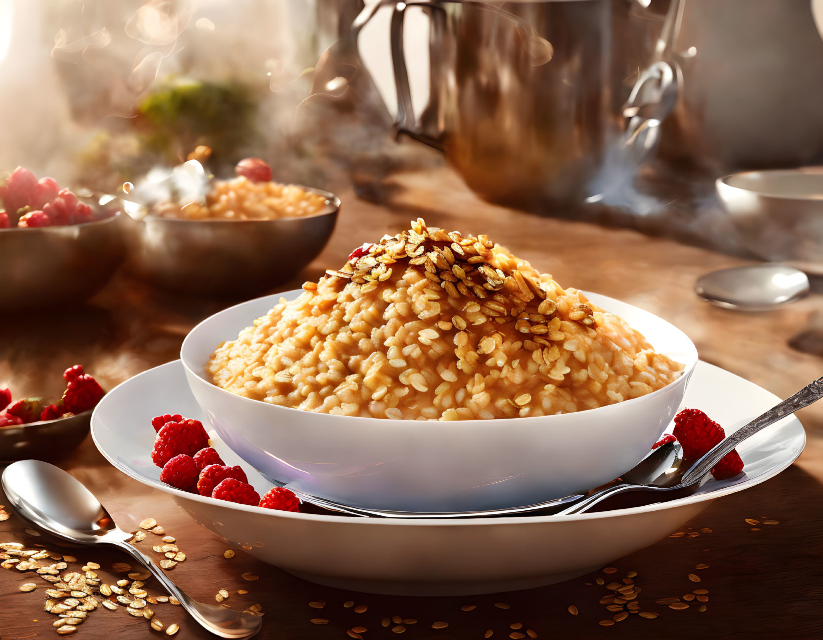 Nutritious grain bowl with seeds, raspberries, and kettle on table