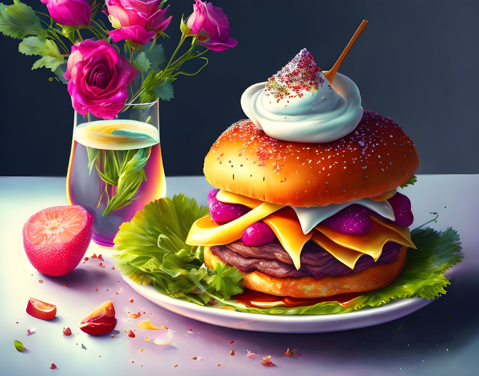 Colorful surreal burger illustration with purple patties, cream, and roses beside multicolored drink.