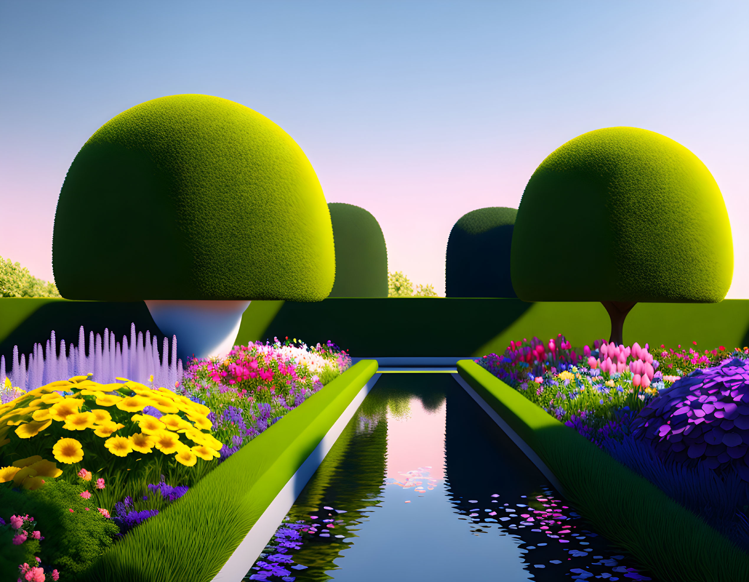 Tranquil digital art scene of water canal and lush gardens