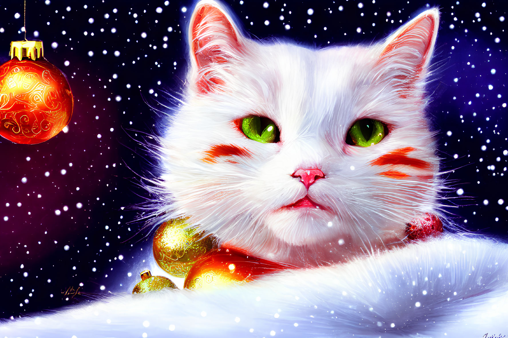 White Cat with Green Eyes in Snow with Christmas Decorations