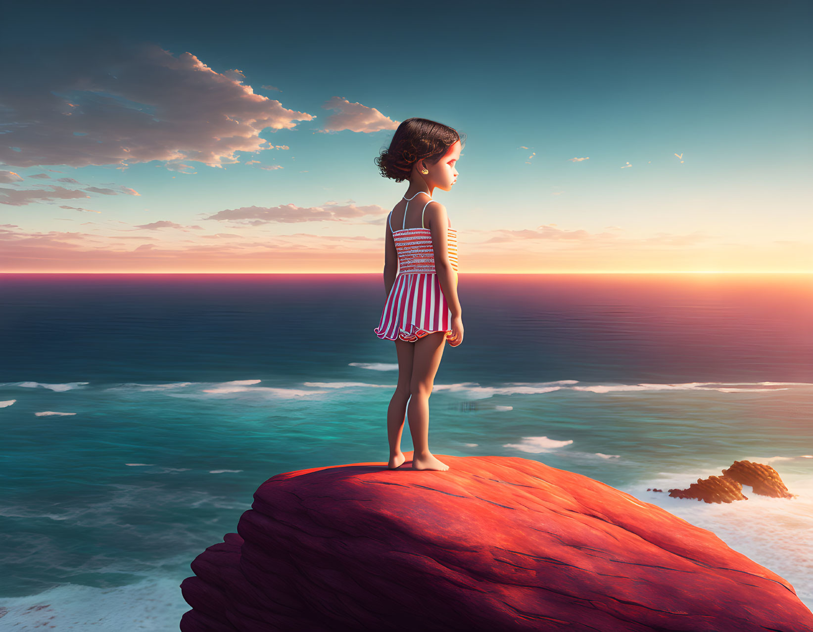 Girl on Cliff Overlooking Ocean at Sunset