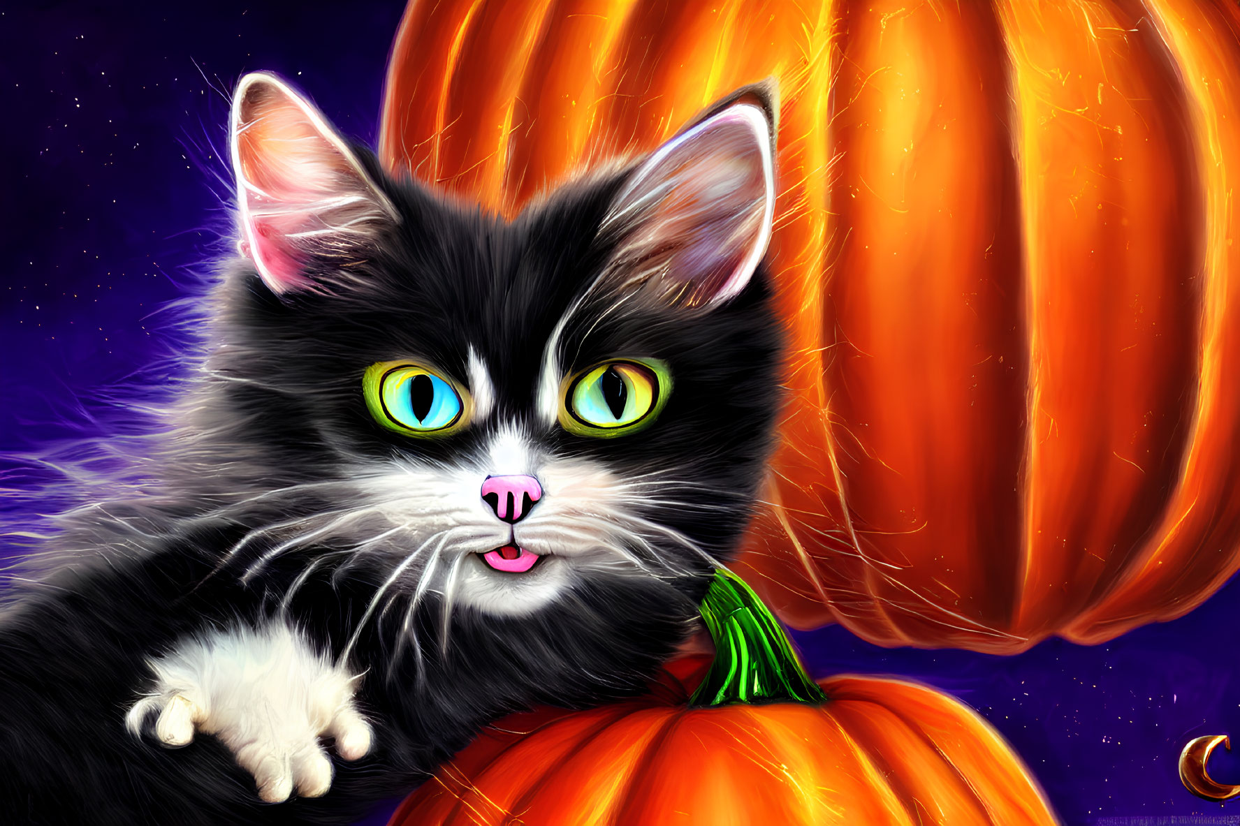 Colorful Cat and Pumpkin Illustration on Starry Night Sky