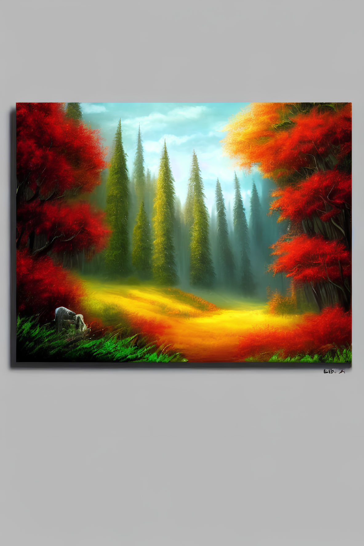 Colorful forest painting with red autumn trees, golden pathway, and misty background