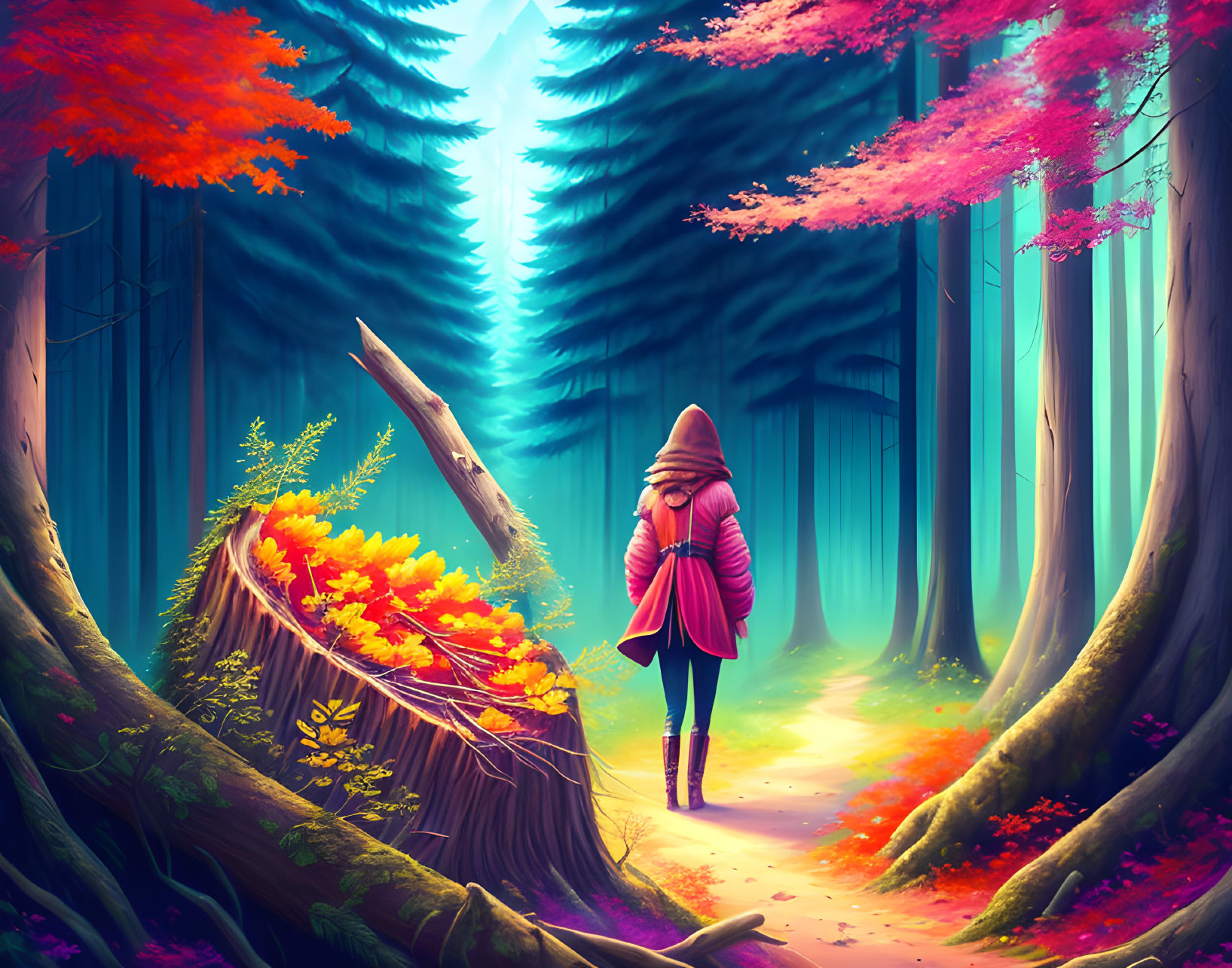 Person in Pink Jacket Standing in Autumn Forest Path under Blue Light