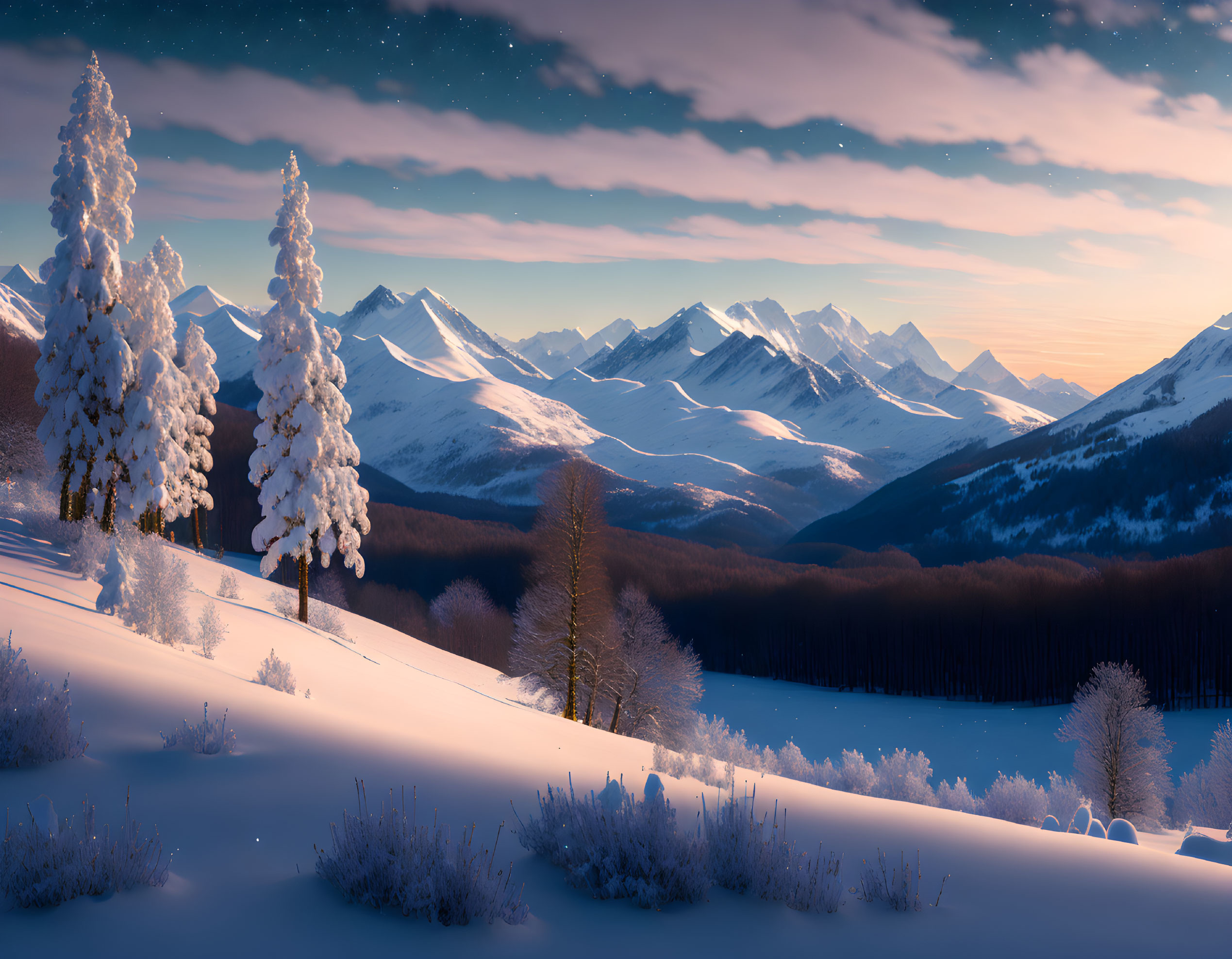 Snowy Twilight Winter Landscape with Snow-Covered Trees and Majestic Mountains