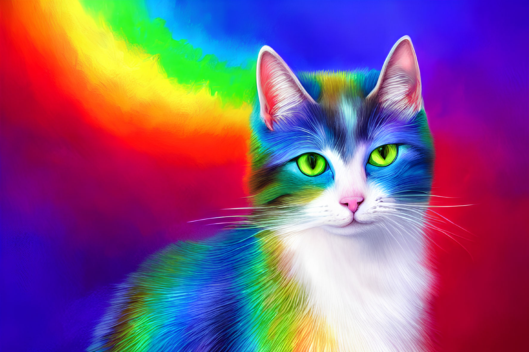 Colorful Digital Art: Cat with Green Eyes on Rainbow Background