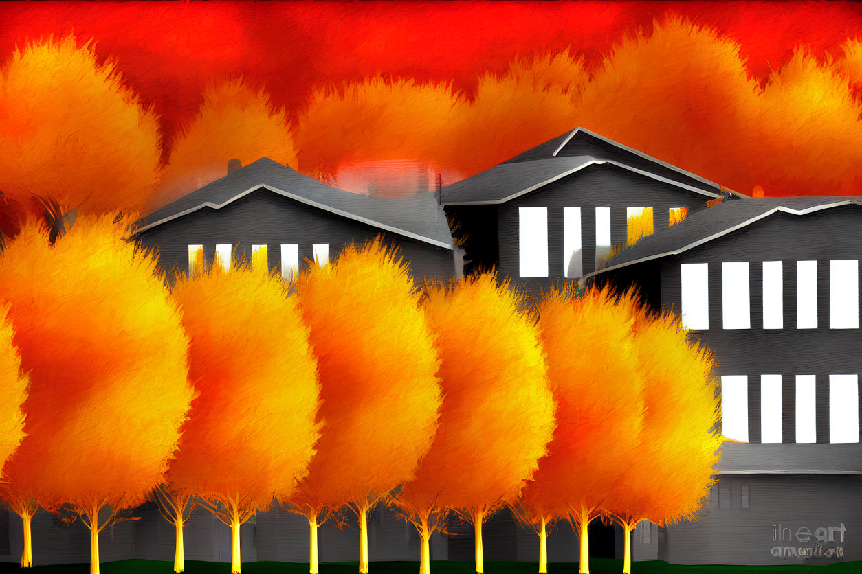 Monochrome houses with autumn trees on red-black background