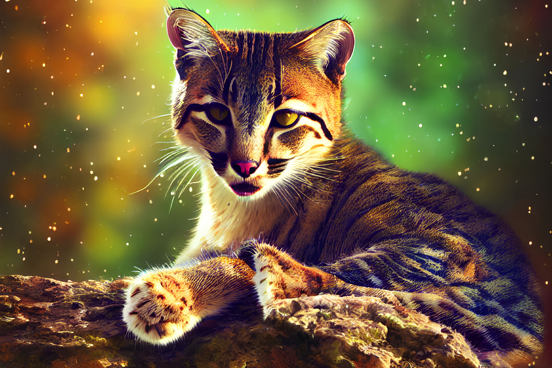 Colorful Cat Artwork with Striking Eyes and Patterned Coat on Rock