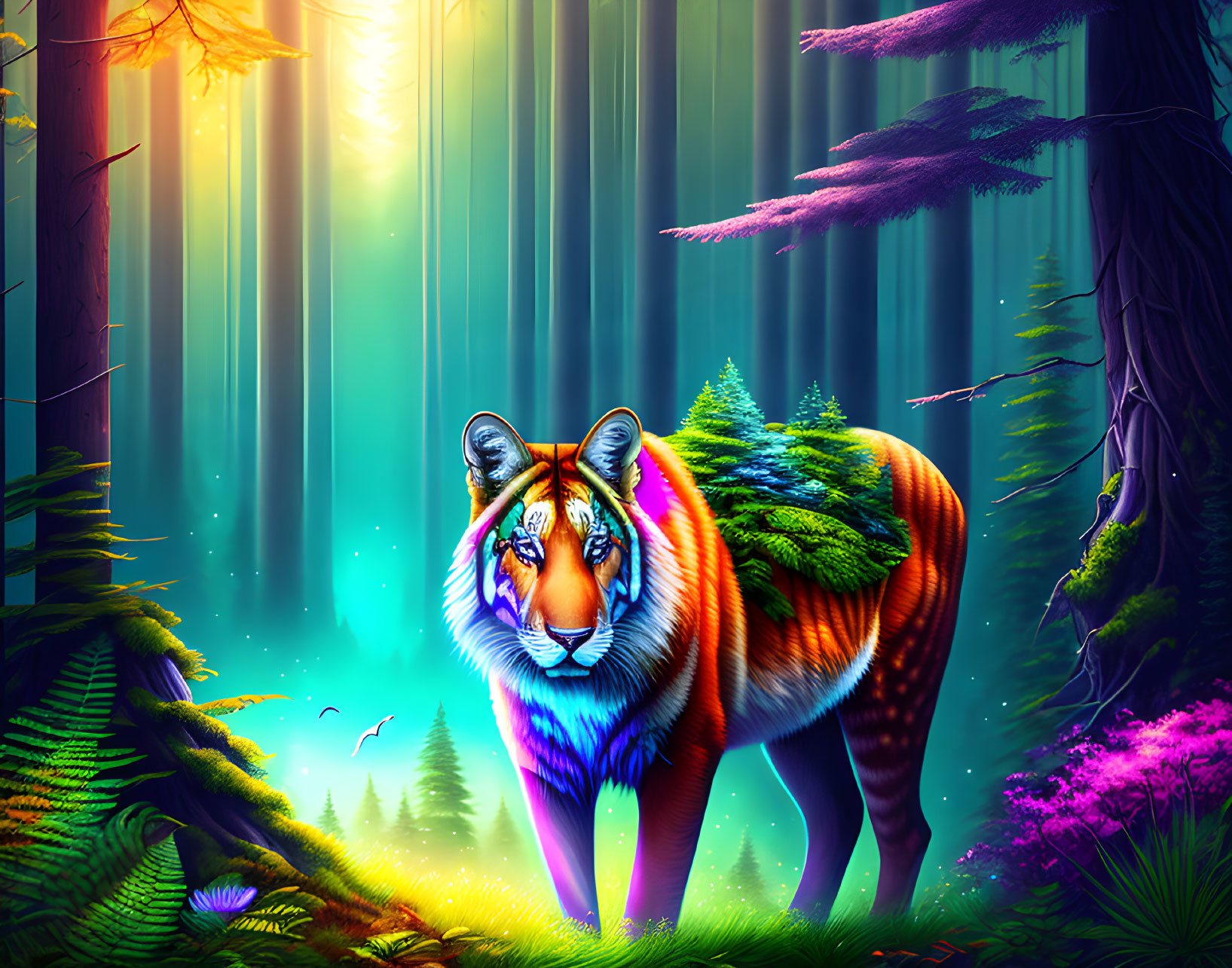 Colorful Tiger Artwork in Enchanted Forest with Sunlight Rays