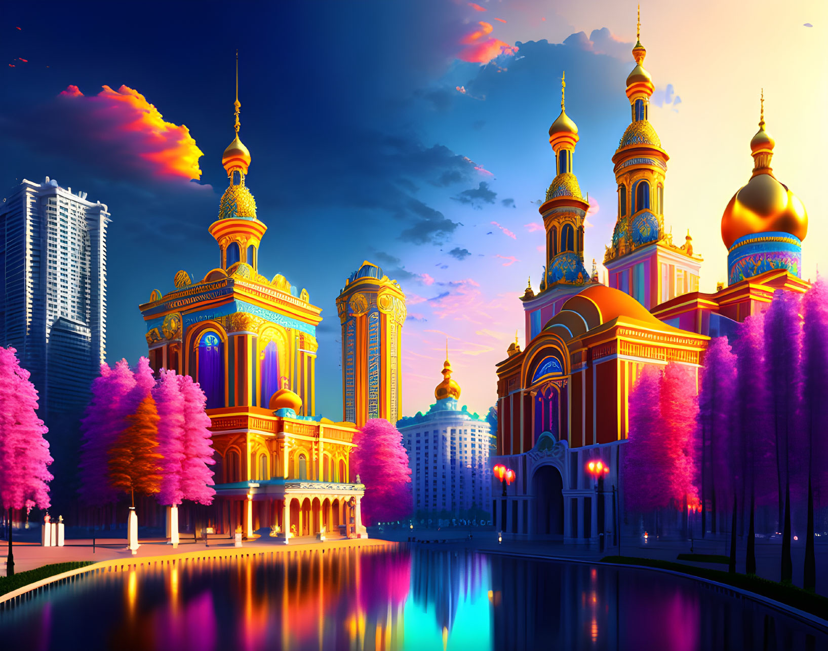 Fantastical cityscape illustration with golden-domed buildings, colorful trees, and reflective water at dusk